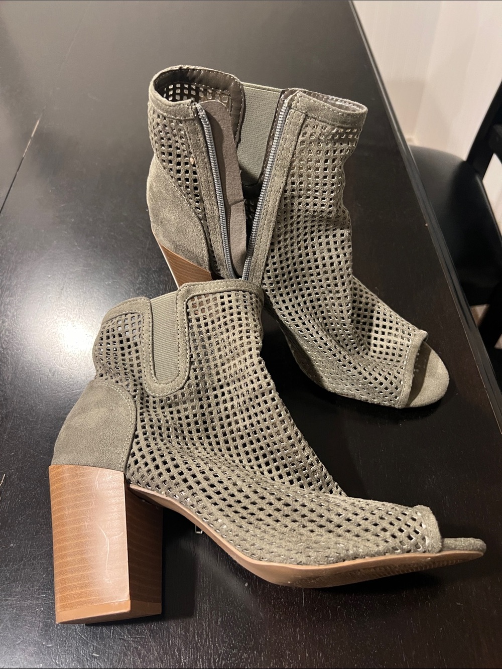 Qupid Olive Green Perforated Peep-Toe Block Heel Booties